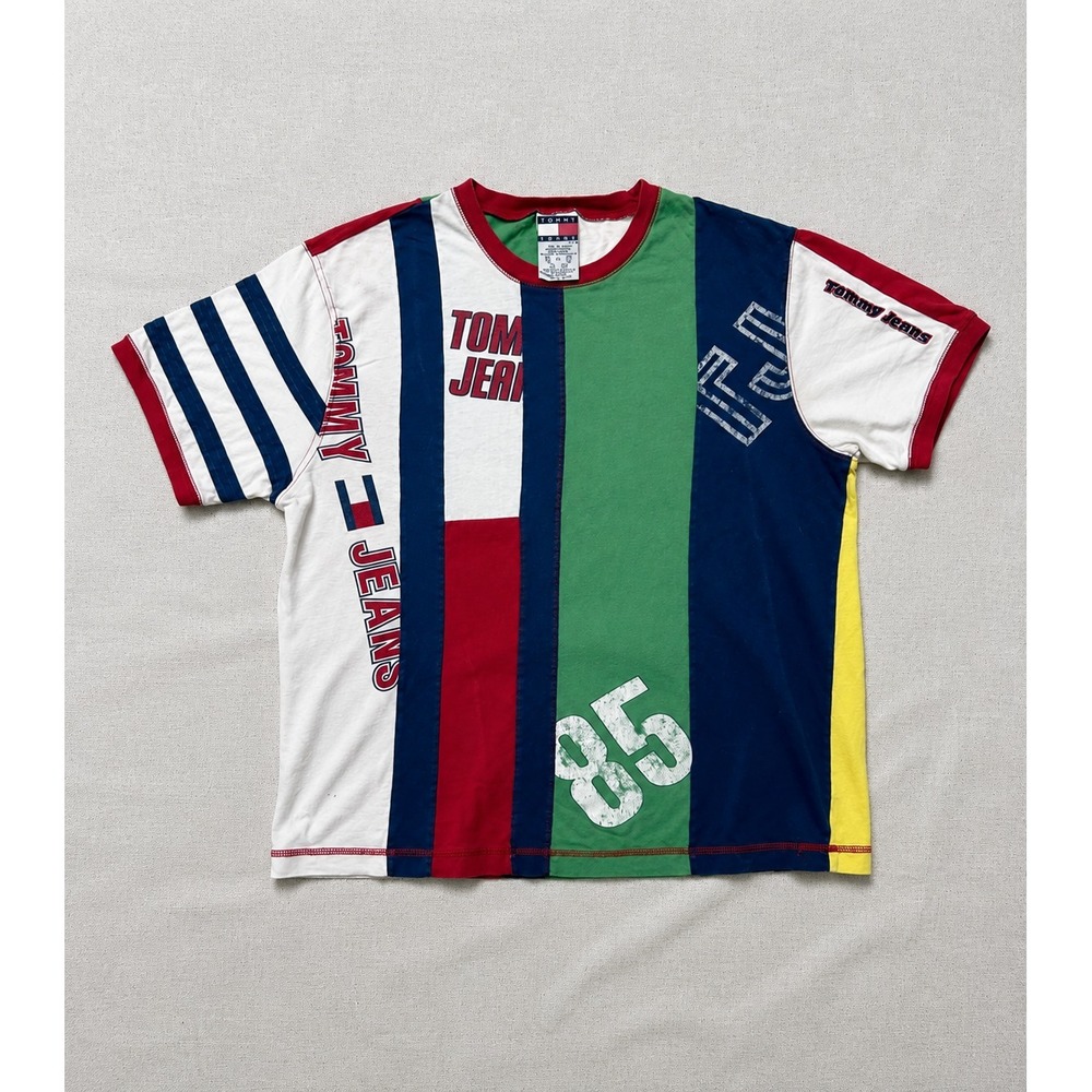 Vintage Tommy Jeans T-Shirt Men's L Colorblock Spell Out Logo USA 90s Made Mexic